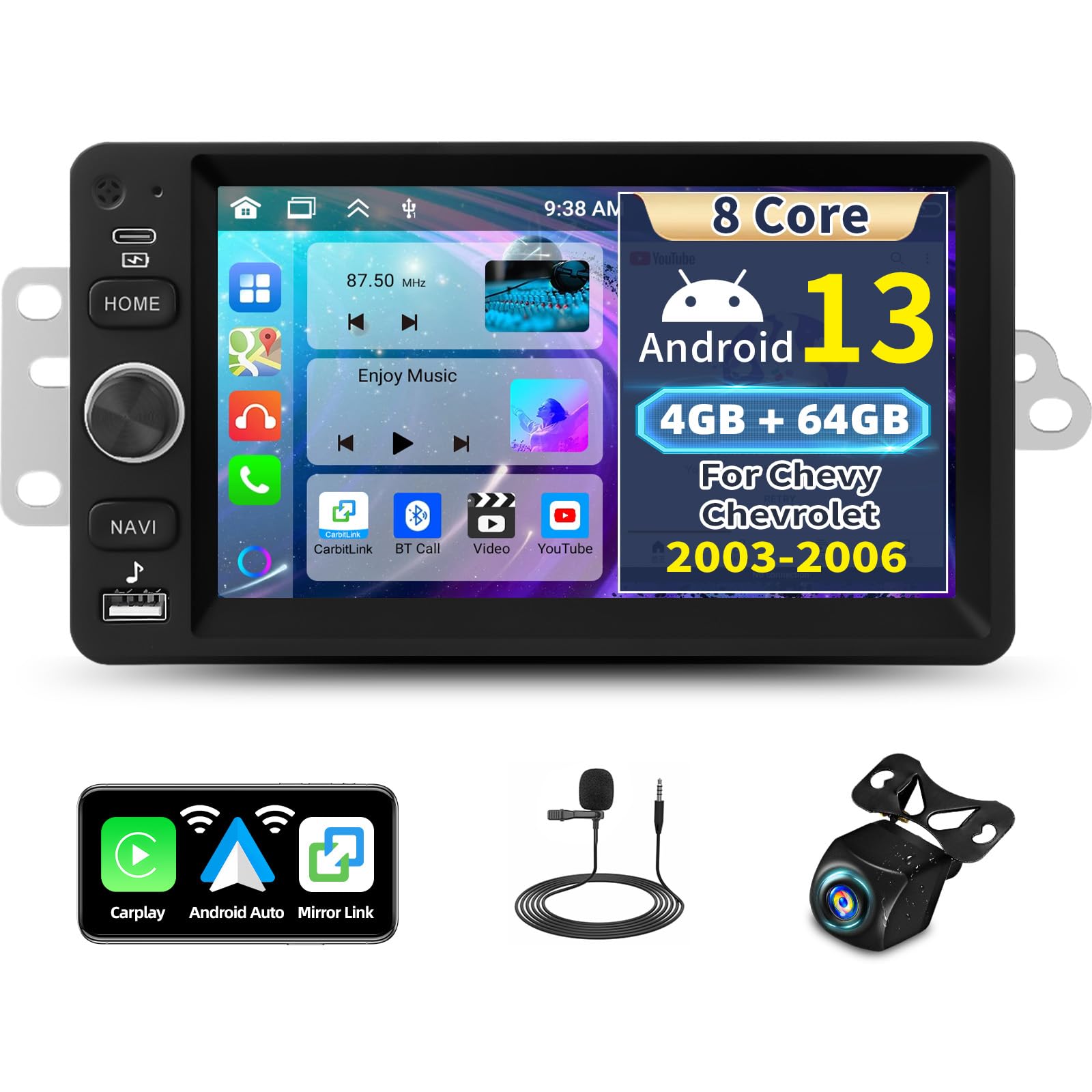 Photo 1 of 4G+64G 8 Core Android Car Stereo for Chevy Chevrolet Silverado SSR Tahoe 2003-2006, GMC Siera Yukon 2003-2006, Hummer 2003-2006 Apple CarPlay Android Auto 7 Inch Touchscreen BT GPS WiFi DSP AHD Camera