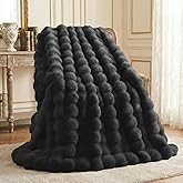 L'AGRATY Faux Rabbit Fur Blanket: 60" x 80" Twin Luxury Soft Fluffy Thick Fur Throw Blanket for Couch Bed Sofa - Cozy Plush Bubble Blankets for Winter: Flannel Fleece Decorative Blanket(Black)
