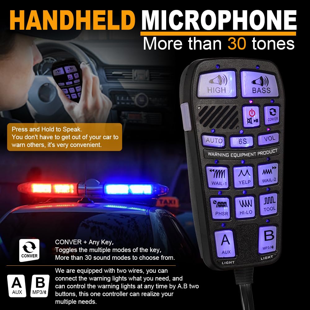 Emergency Police Siren 200W Multi-Tones PA System Slim Speaker Sirens with Handheld Controller & Mic Microphone Warning Electronic Alarm Horn Kit for Tow Truck Car Vehicles Pickup UTV ATV POV RV