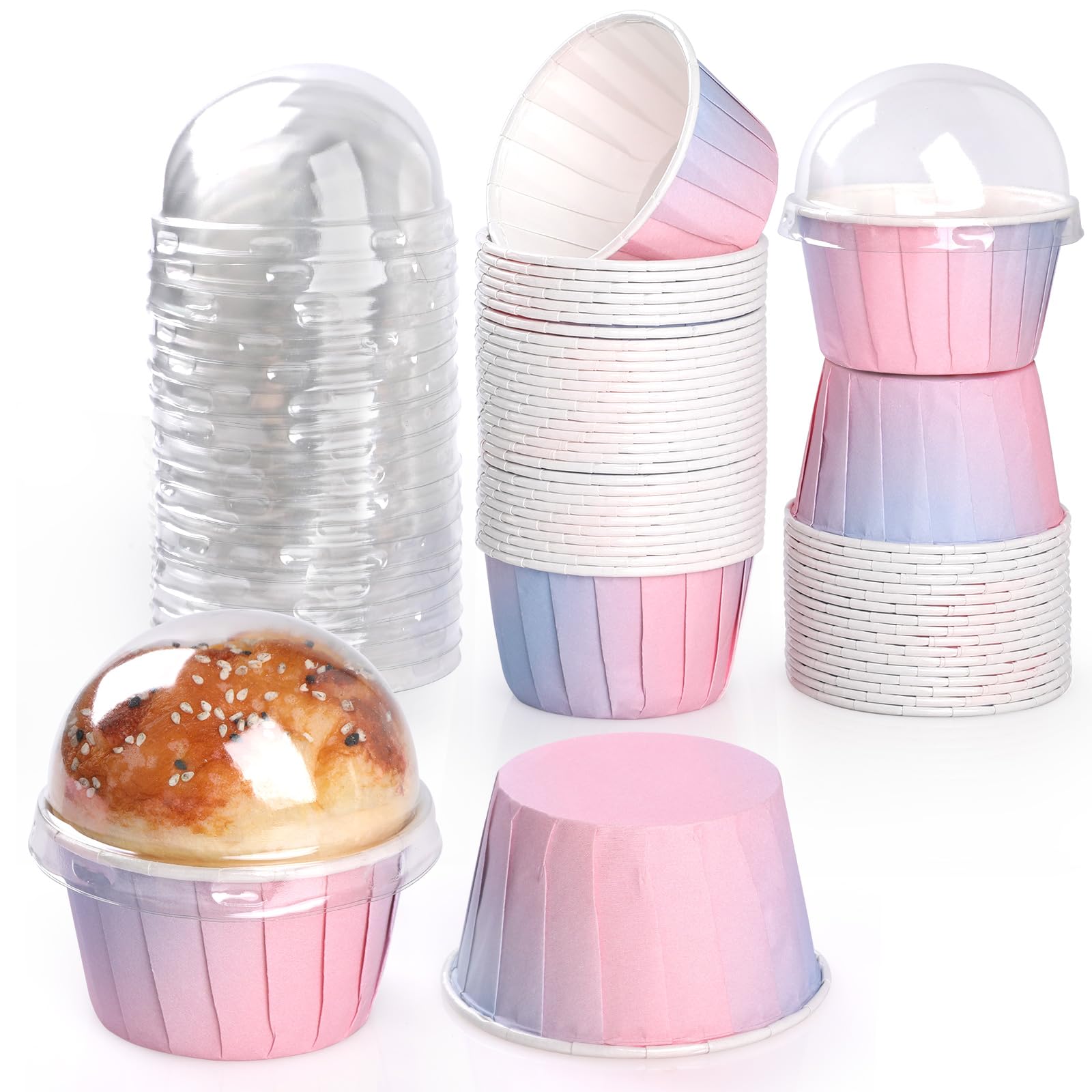 Bigqin 50 Sets Baking Cups with Lids 5.5oz Round Cupcake Liners Colored Mini Cake Cups Disposable Laminated Paper Baking Liners for Pudding Muffin Desserts in Home Kitchen Wedding Party