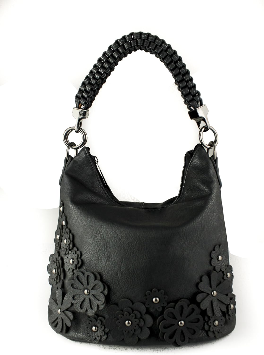Redfox Womens Braided Handle Strap 3D Effect Floral Hobo Tote Bag/Shoulder Handbag, Black