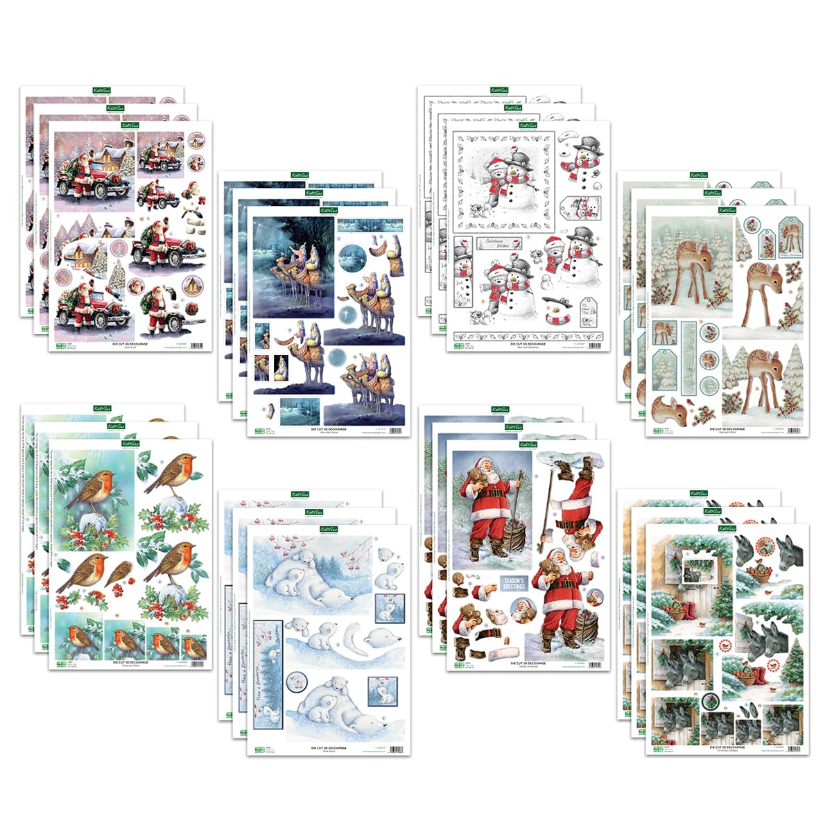Katy Sue Christmas Selection Die-Cut Decoupage Pack. Contains 24 Pre-Cut Die Cut Decoupage Paper Sheets for Christmas Card Making Supplies. 3 Copies Each of 8 Different Designs