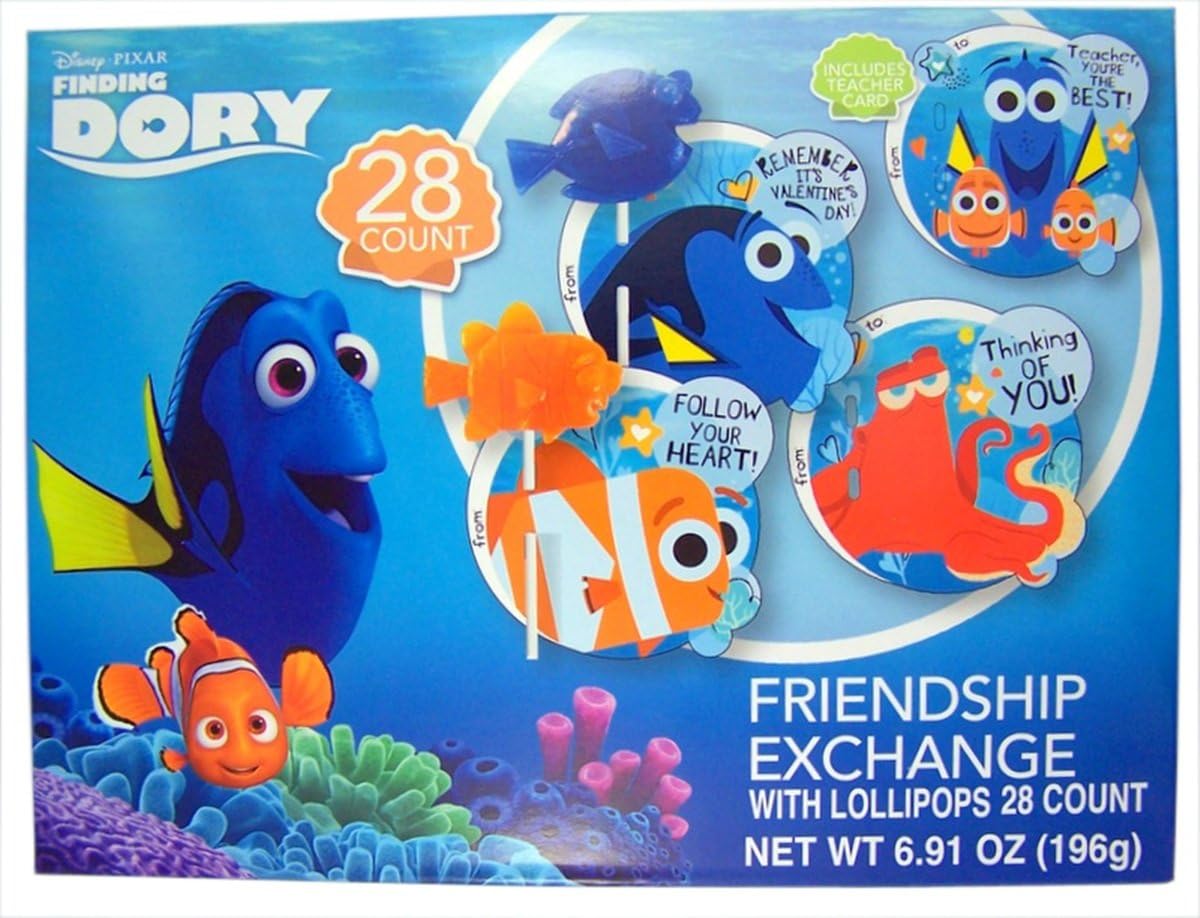 Disney Finding Dory Valentine's Day Cards with Lollipops, 28 Count