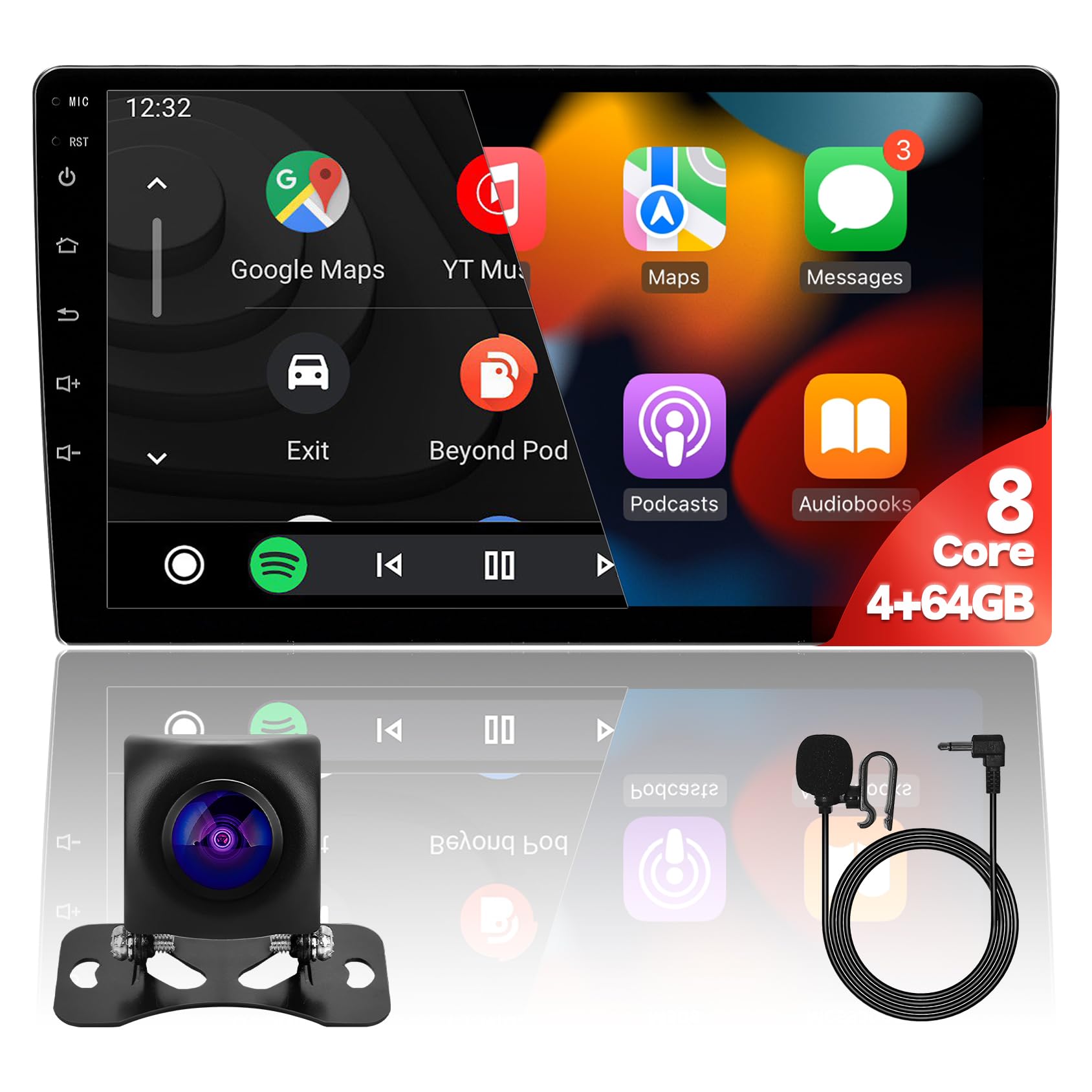 Photo 1 of 10inch 8Core 4+64GB QLED Full Touch Screen Android Car Radio Audio Video Stereo Player for Double Din Raido with CarPlay Android Auto 4G&WiFi DSP FM&AM BT MirrorLink Split Screen PIP GPS Navigation