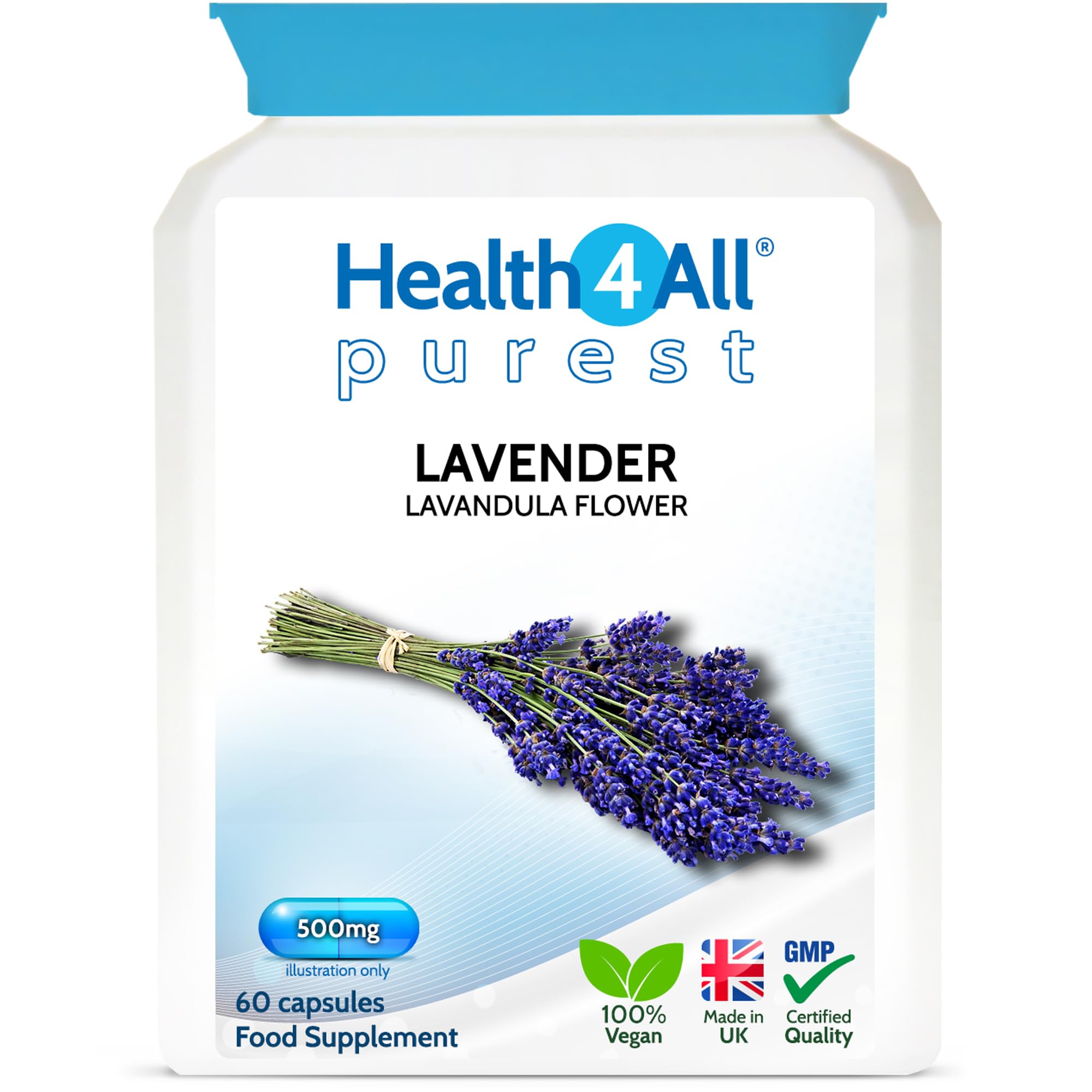 Health4All Lavender 500mg 60 Capsules 2 Month Supply, Purest - no additives. Vegan Lavandula Flower Capsules (not Tablets or Oil) Supplement for Anxiety, Relaxation and Sleep Support | Made in UK