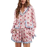 LILTWIST Cute Bow Pajamas for Women Silk Satin Y2k Floral Print 2 Piece Pjs Bow Tie Long Sleeve Shirt and Ruffle Shorts Sets
