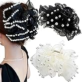 Elegant Pearl-Trimmed Hair Claw Clips, Black and White Chiffon Silk Bows, Large Nonslip French Barrette Hair Accessories for Women, 2 Pack