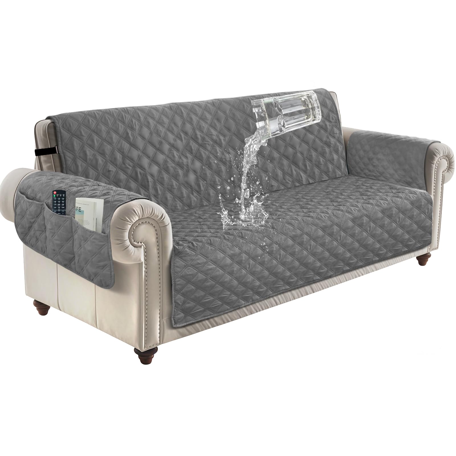 ZenDen Sofa Covers 100% Waterproof Sofa Slipcovers 3 Seater, Non Slip Cover for Kids/Dogs/Pets, Washable Sofa Protector with Elastic Strap, Grey