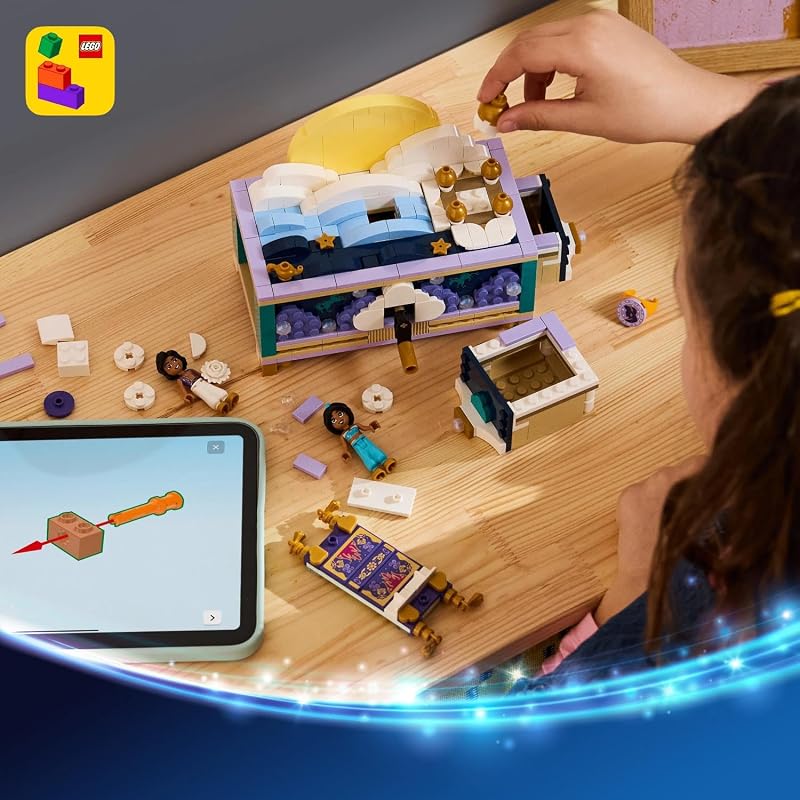 | Princesas Disney Joyero de Jasmine – Juguete de Aladdin con 2 Mini Muñecos, 2 Anillos y Lámpara del Genio – Decoración para la Habitación – Regalo para Niñas de 6+ Años y Fans – 43295