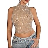 Floerns Women's Sleeveless Rhinestone Mock Neck Mesh Slim Fit Party Crop Tank Top
