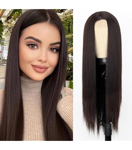 Amazon.com : BERON Dark Brown Wigs Straight Long Wig Middle  display picture 1