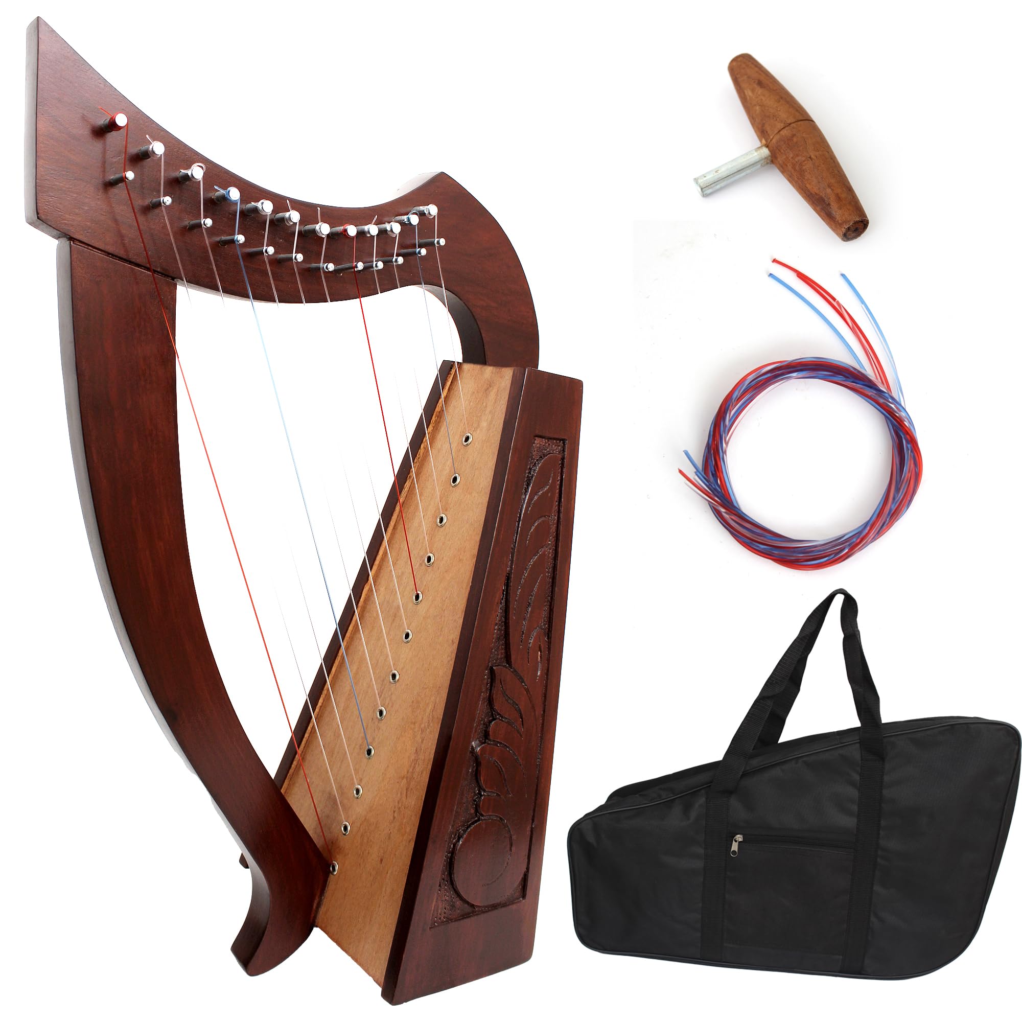 Irish Celtic Harp 12 Strings Musical Tuning Instrument Natural Solid Rosewood Tuning Key Knotwork And Extra Strings Set & Free Key Wrench And Free Carry Bag (Brown 12 String Harp)
