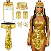 Yunlly 7 Pcs Mardi Gras Egyptian Costume Accessories African Cleopatra Headpiece Headband Tassel Bead Gold Snake Bracelets Arm Cuffs Collar Choker Collars Belt for Women Pharaoh Queen Cosplay