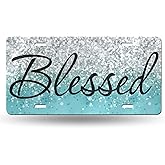 Blessed Blue Glitter Like Christian Religious Front License Plate Aluminum Decorative License Plates Funny Metal Car Plate 6"X12" Novelty Vanity Tag Cover with 4 Holes Car Decor Accessory