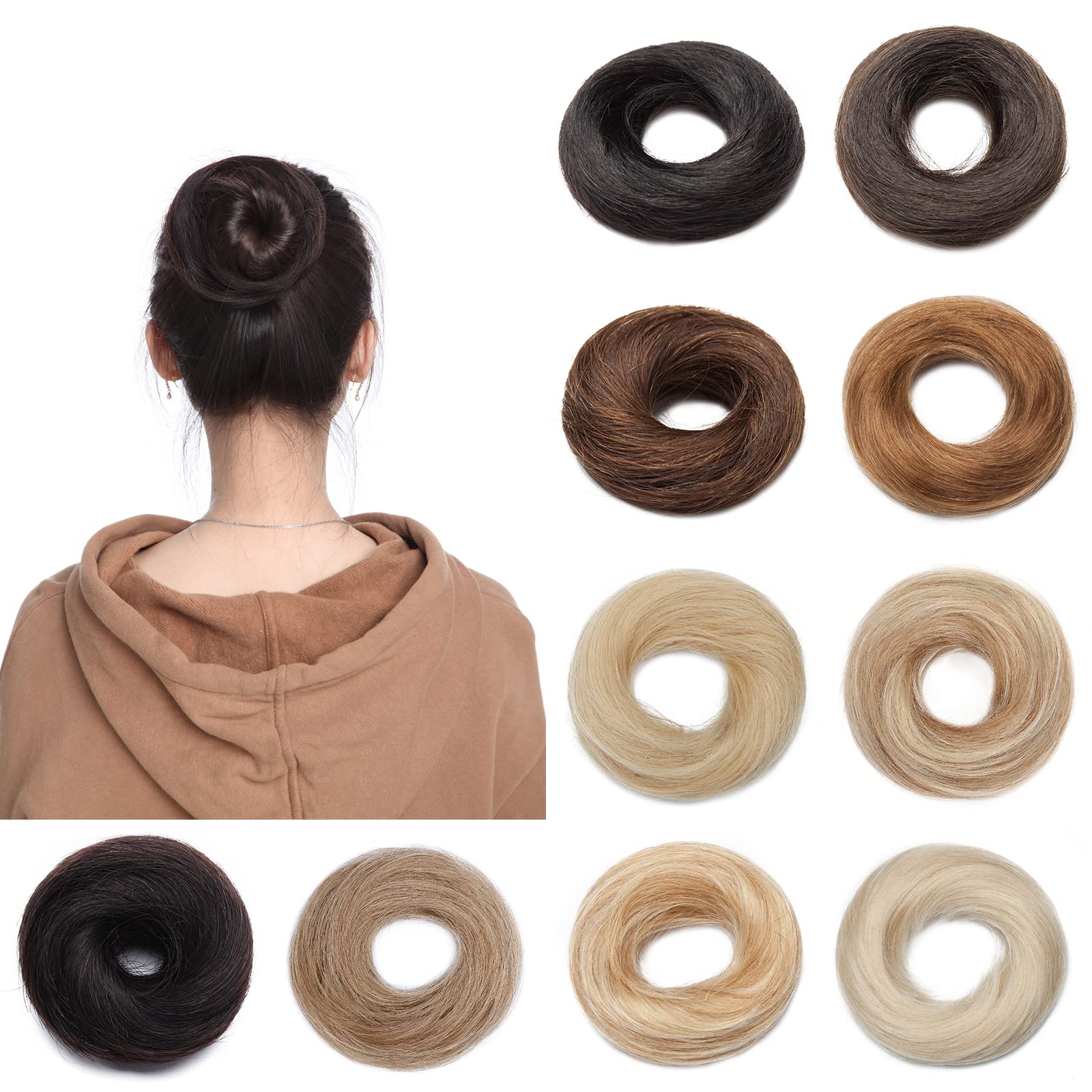 Hair Bun Scrunchy Scrunchie Updo 100% Silky Soft Real Remy Human Hair Extensions Donut （#01 Jet Black）