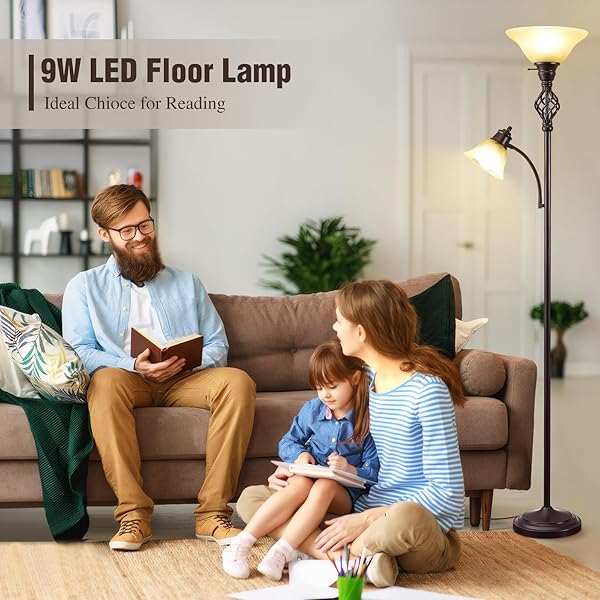 GYROVU TORCHIERE FLOOR LAMP FOR LIVING ROOM, LED STANDING READING LIGHT FOR BEDROOM WITH GLASS SHADE FOR LIVING ROOM CORNER BEDROOM HOME OFFICE,BULBS INCLUDED (YELLOW LAMPSHADE, GLASS 2 HEAD)