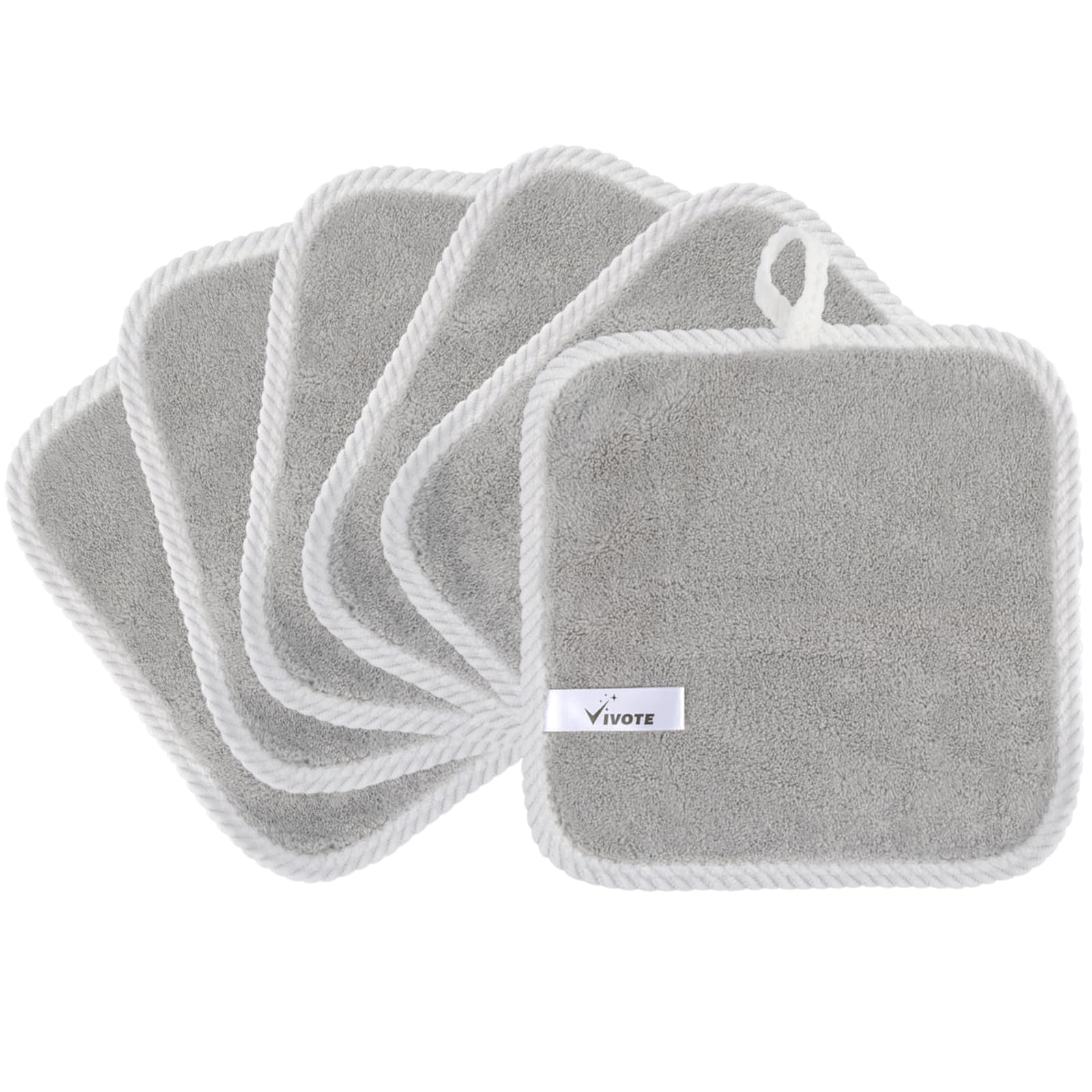 VIVOTE Microfibre Face Cloth, Reusable Wash Cloth Dry Fast Flannel Face Cloth, Soft Makeup Remover Cloths, Cleansing Cloth for Face Skin (6 Pack 20x20 CM, Light Grey)