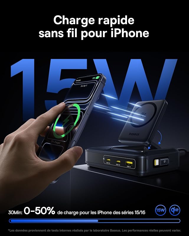 Chargeur USB C 160 W MagSafe Qi2 5-in-1, Station de Charge avec câble rétractable USB-C 100 W Compatible avec iPhone 12-17, MacBook Pro/Air, iPad Pro, etc.