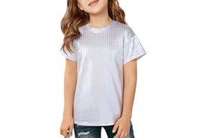 HAPPY CHERRY Girls Metallic Outfit Crop Top Short Sleeve Shirt Concert Sequin Tee Hip Hop Disco Loose Blouse 3-4Years