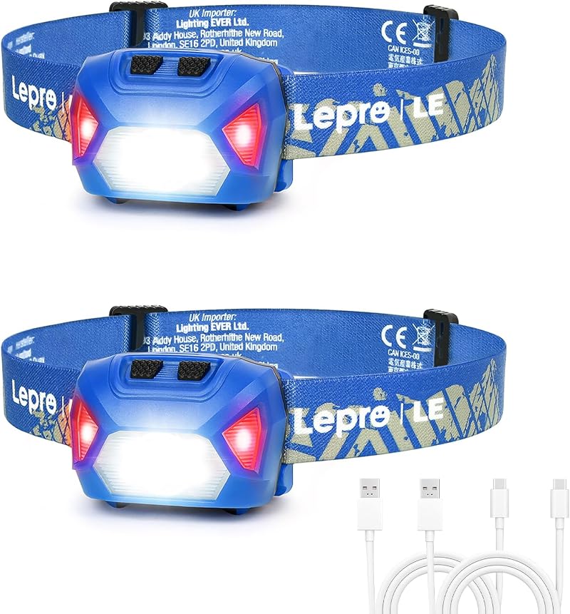 Lepro Head Torch Rechargeable 2 Pack 2000L IPX4 Red Warning Lights 30h