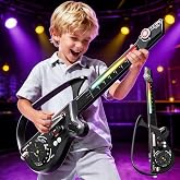 BLUEYAK Stringless Toddler Guitar, 27.6 in Multi-Functional Electric Guitar for Kids, 4 in 1 Rechargeable Musical Instrument with LED Light-Up, Bluetooth, DJ Mixer, Black
