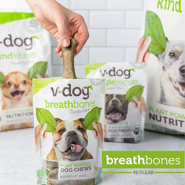 V-DOG DOG TREATS – VEGAN BREATHBONE TEETH CLEANING DENTAL DOG BONES – FRESH BREATH – 8 OUNCES – ALL NATURAL – MADE IN USA – 6 BONES – 4″ LONG – EASY TO DIGEST