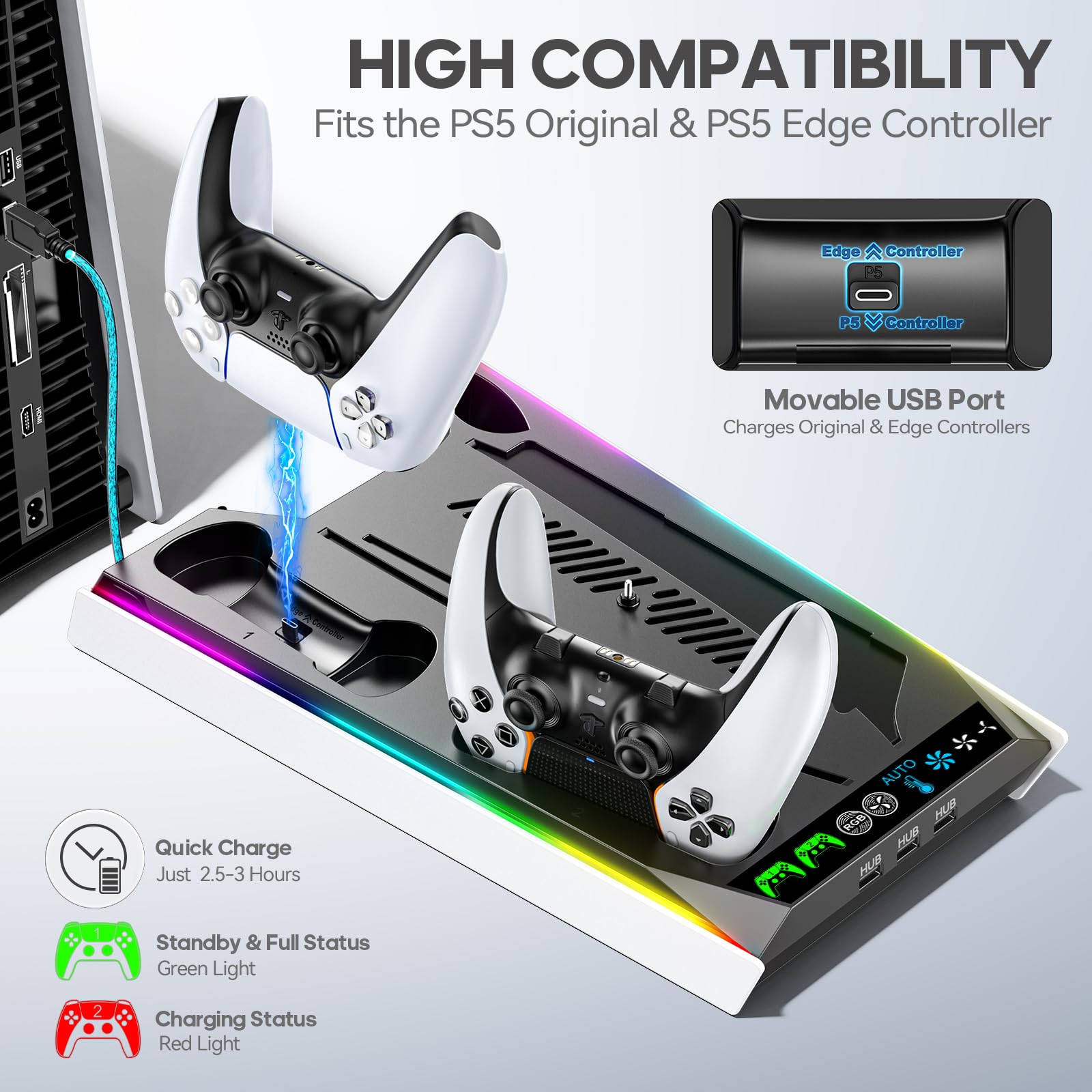 PS5/PS5 Slim/PS5 Pro Ständer für Disc & Digital, 3-stufiger Auto PS5 Lüfter und RGB LED mit PS5 Controller Ladestation für PS5 & Edge Controller, PS5 Zubehörsets mit 3 Ladeanschlüssen 4