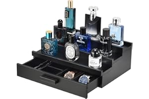 GLOKUUCA Perfume Organizer for Men, 3 Tier Wood Perfume Display Stand with Velvet Lining Drawer and Hidden Compartment for Watch,Jewelry,Perfume Display Risers,A Gift for Men (Black)