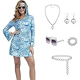 GFNWERTD 70s Disco Outfits for Women, 7 Pcs 60s Outfits Hippie Costume Women Accessories Jewelry Prom Bling Dress