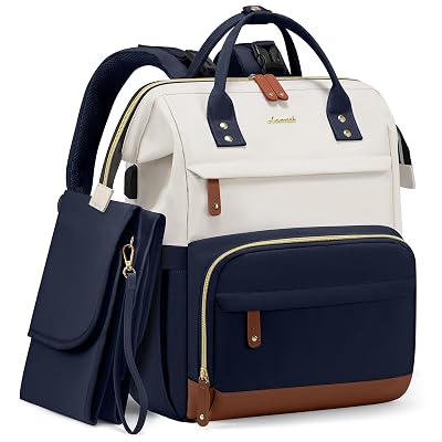LOVEVOOK Diaper Bag Backpack, Baby Bag with Changing Station, Large Diaper Backpack for Mom Dads, Waterproof Leather Mommy Bag for Boy and Girl, Travel Essential Baby Shower, Navy Blue-Beige