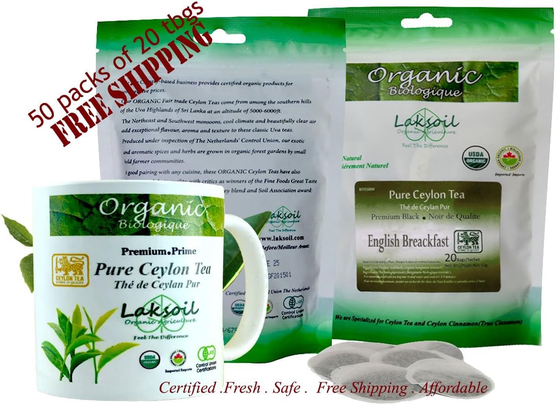 Certified Organic Ceylon High Land 50packs of 20 tbags(1000tbgs) Premium English Breakfast Black Tea Bags