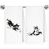 Exqcom Tuxedo Cat Christmas Kitchen Towels, Cat Lover Mom Gifts Dish Tea Towels for Kitchen Decor, Christmas Black and White Kitty Decorative Hand Towel Bathroom Decor, 16x24 Inch Set of 2