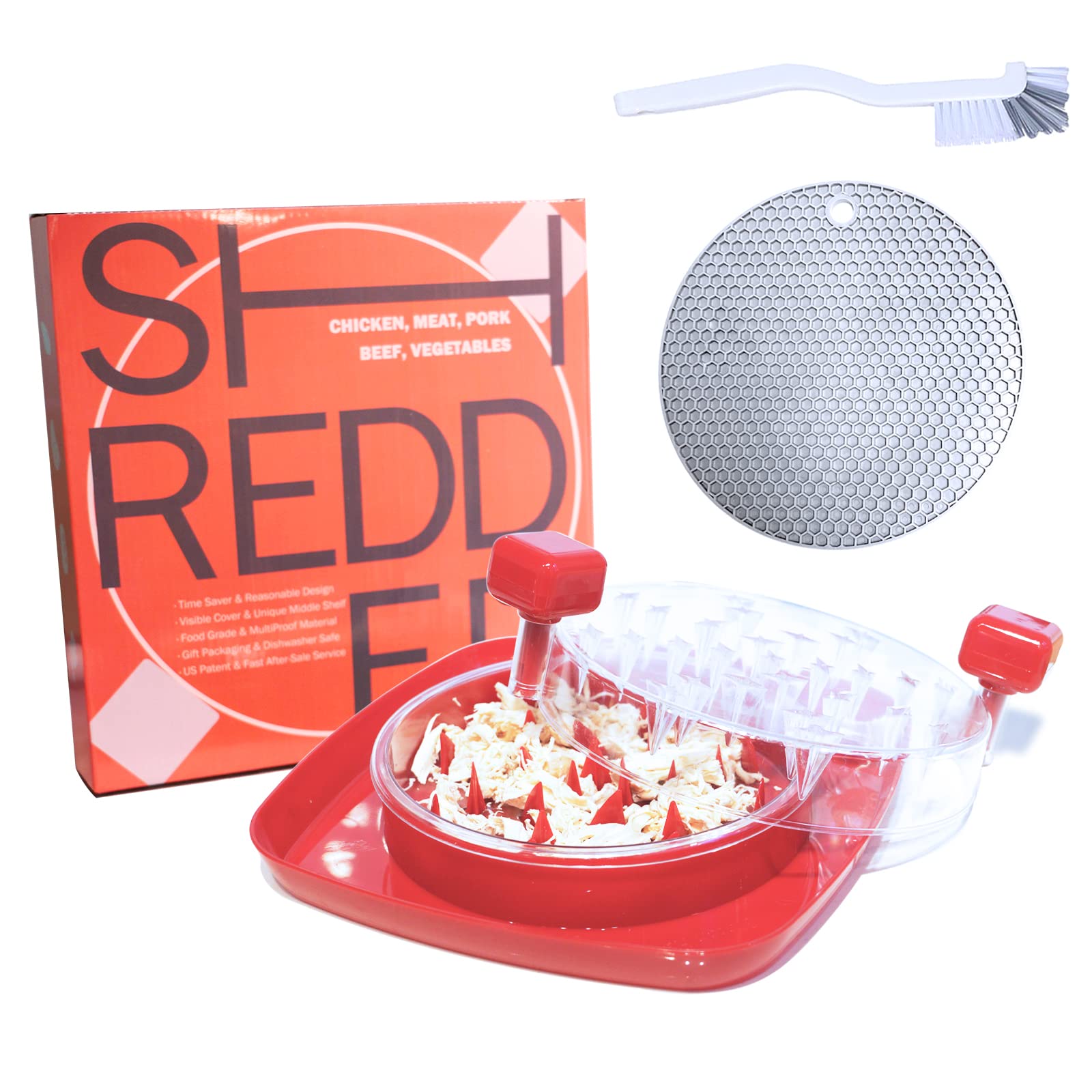 Chicken Shredder，Meat Grinder Alternative to Bear Claws Meat Shredder，Upgraded Non-Slip Larger Sharper Shark Fin Patent Design，Suitable for Pulled Pork, Beef and Chicken-Dishwasher Safe (Red)