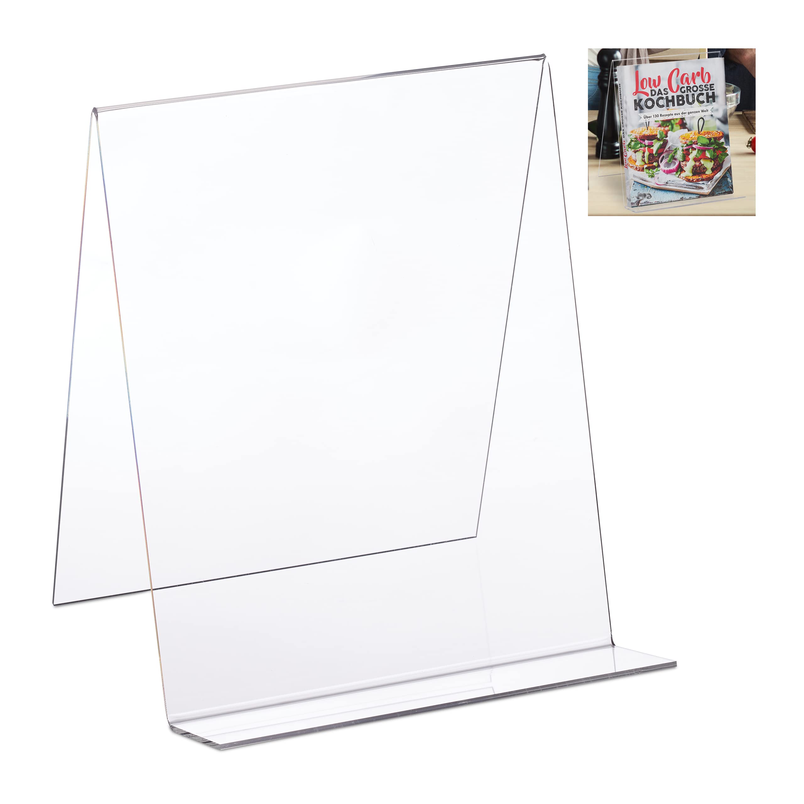 Relaxdays Book Stand, Acrylic Cookbook Holder, DIN A4, Easel, Sturdy, Tabletop Display, 24 x 20 x 20 cm, Transparent