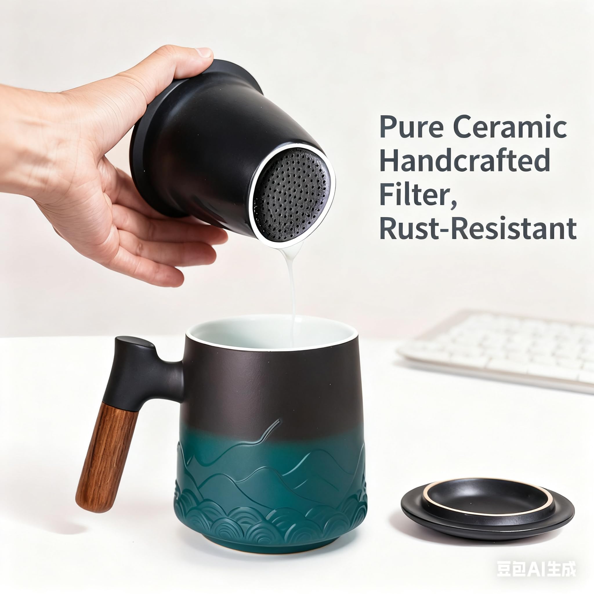 Zenoza Teetasse mit Deckel und Sieb, 500ml Große Keramik Teebecher, Teetassen Handgemacht, Geschenk für Teeliebhaber(Grün) 4