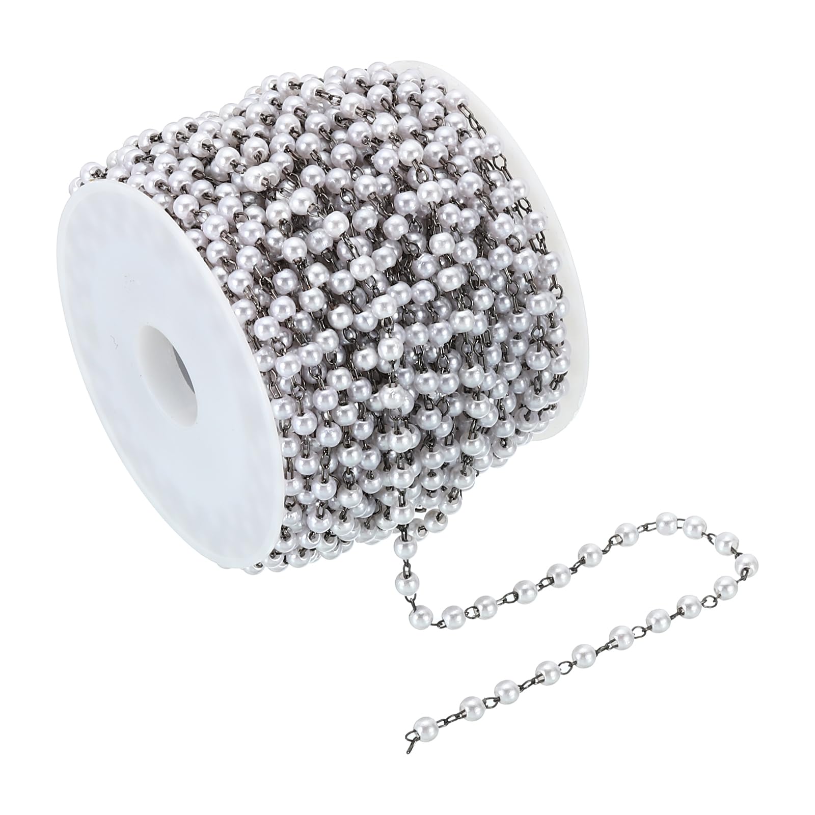 PATIKIL 10m/33 Feet Faux Pearl Beading Chain with Spool, 3mm Brass Chain Link for Decoration Making DIY Accessories Style 1, Dark Silver
