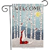 Artofy Welcome Winter Fox Cardinal Home Decorative Garden Flag Red Birds White Birch Trees House Yard, Moon Snowy Outside Decor, Christmas Snow Farmhouse Outdoor Small Decoration Double Sided 12 x 18
