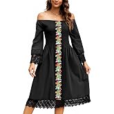 Mexican Dress for Women Embroidered Traditional Fiesta Dresses Style Long Sleeve Floral Diverse Embroidered Patterns