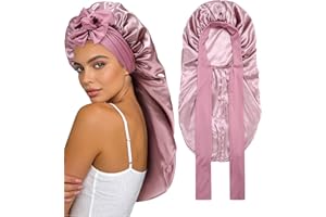 Monopa Satin Long Bonnet for Braids - Elastic Silk Bonnet Night Satin Hair Bonnet for Sleeping Cap Curly Hair with Tie Band