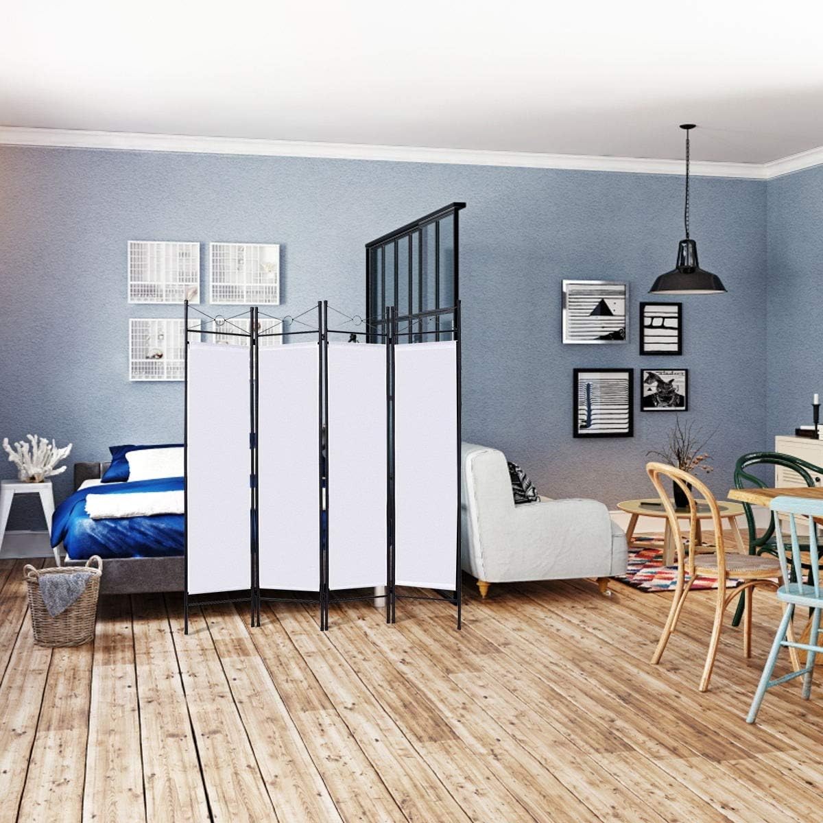 LHONE Folding Screens and Room Dividers 4 Panel Steel Frame & Fabric Surface Freestanding Room Divider and Privacy Folding Screen (White)