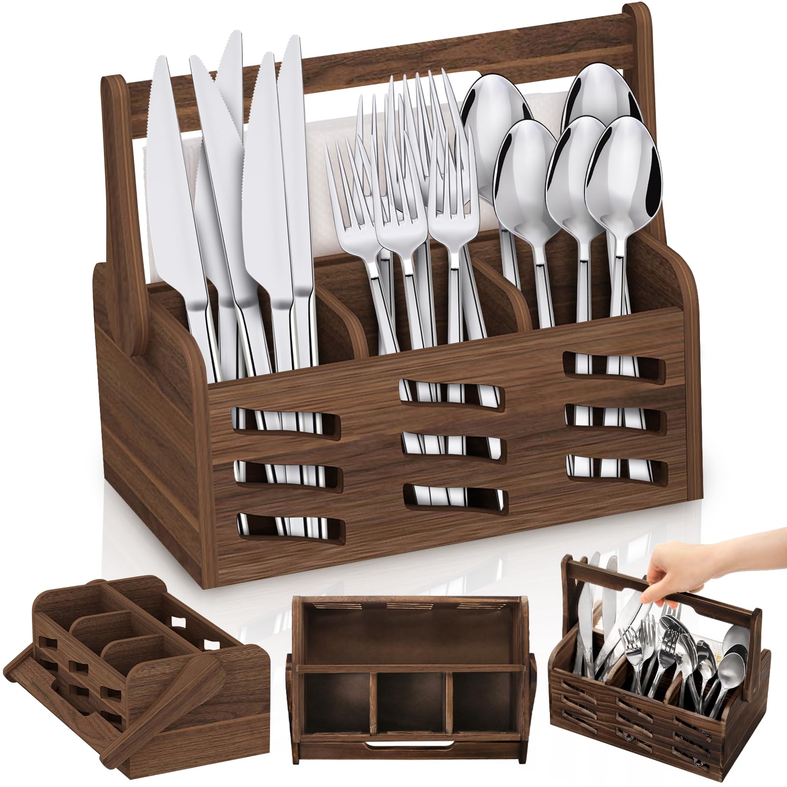 Photo 1 of Noamus Silverware Caddy with Handle, Wooden Flatware Utensil Holder for Party, 4 Compartment Cutlery Organizer Napkin Storage for Countertop, Kitchen Bathroom Bedroom Decor, Camping Picnic