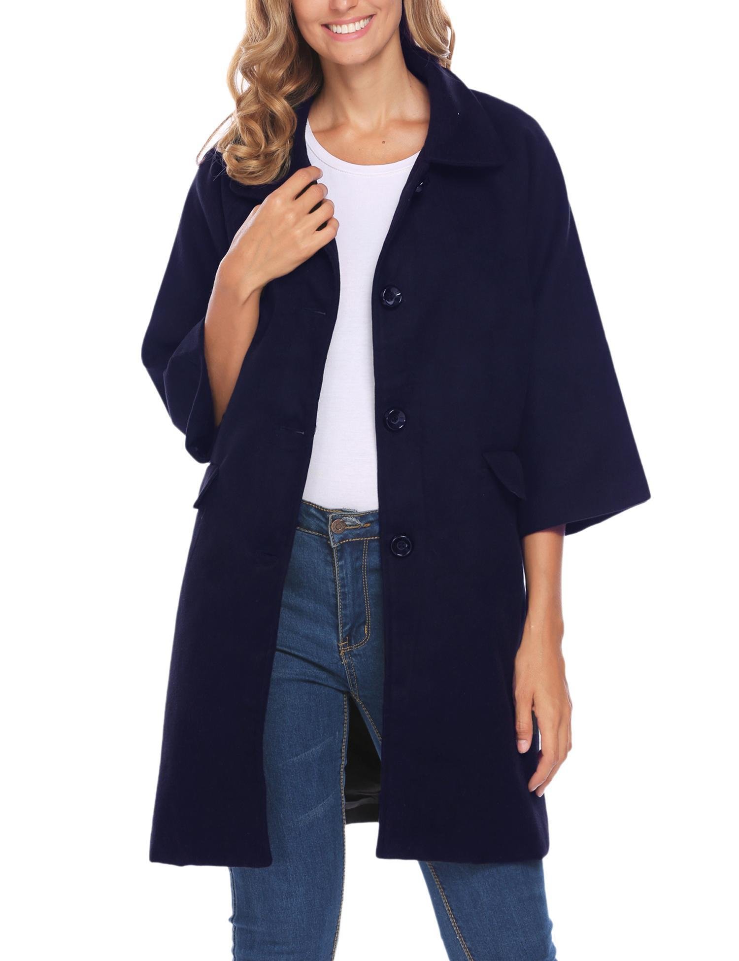 FineFolk Womens Winter Outdoor Classic Wool Blended Trench Coat Jacket Black