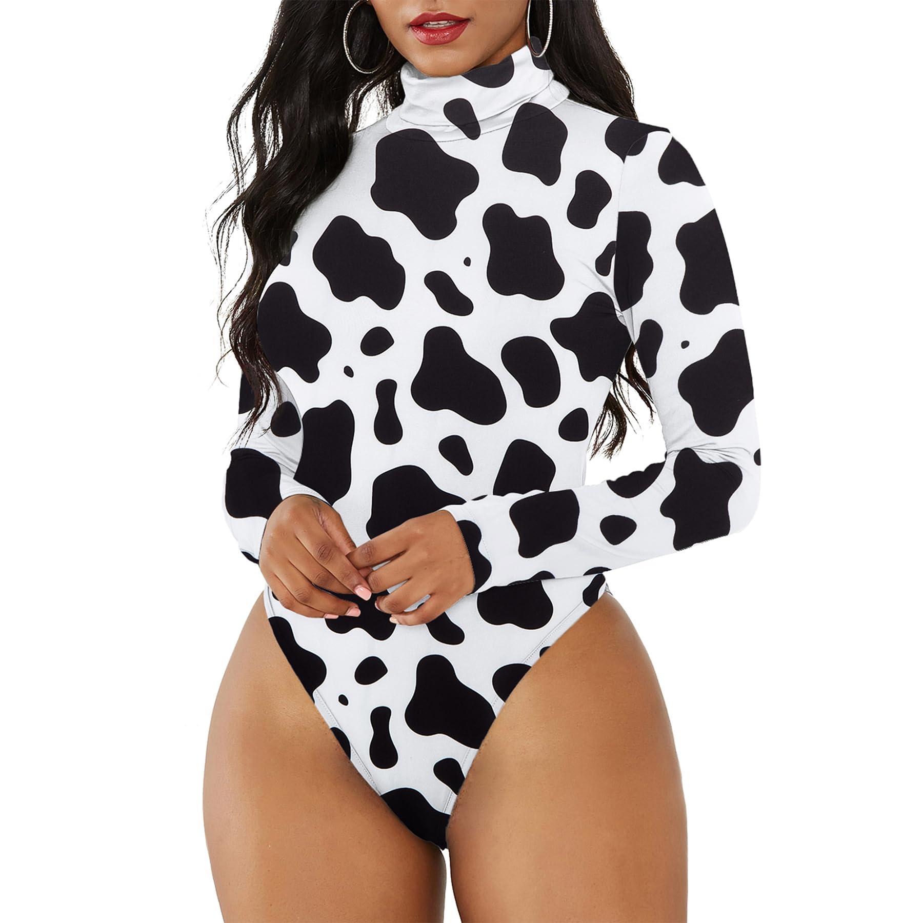 Photo 1 of Zando Cow Print Top Bodysuit for Women Long Sleeve Thong for Going Out sexy Body Suit Soft Basic Tee Shirts Festival Halloween Cosplay Gothic Top Cow Print Medium