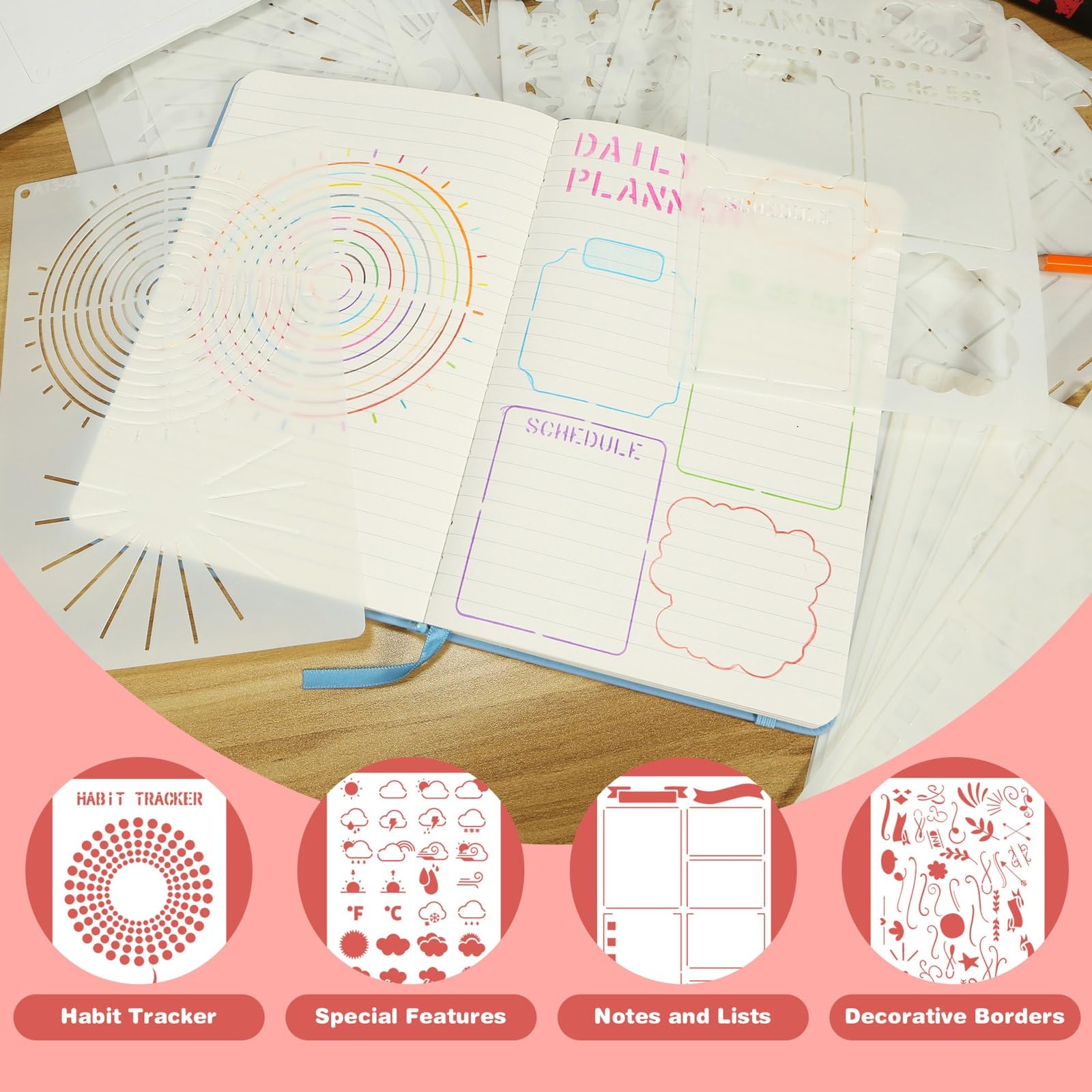24PCS Bullet Journal Stencils for A5 Planners, Reusable Journal Stencils and Planner Templates Set, DIY Journaling Supplies for Notebook/Diary/Calendar Layout Design and Tracking