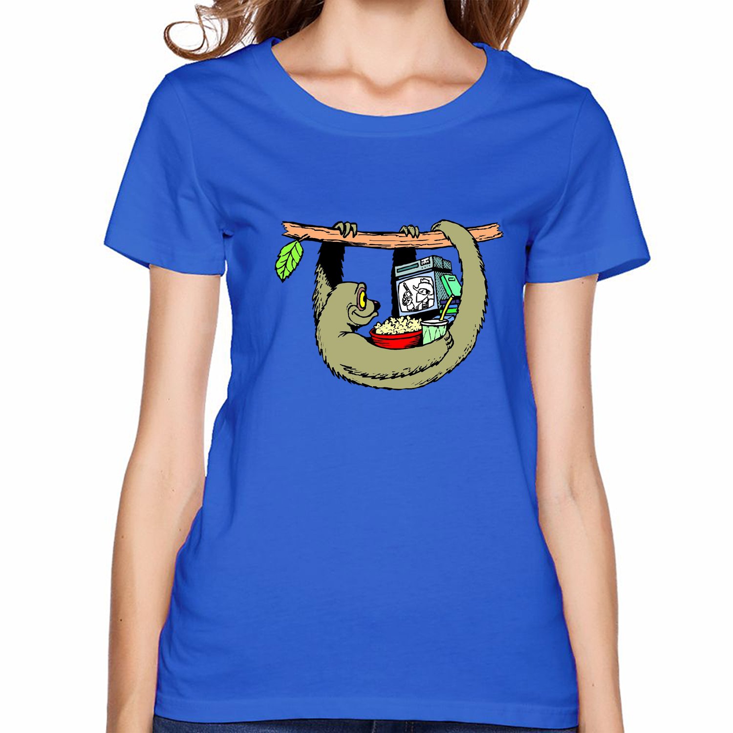 Jackdona Sloth Monkey Watching Tv Graphic Casual Short Tee T Shirt