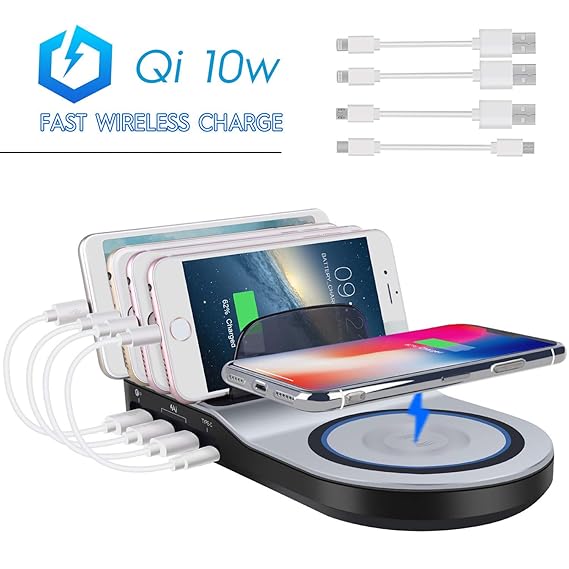 Multi Ladestation USB Ladegerät mehrfach Ladestation für mehrere Geräte Dockingstationen mit Fast Wireless Charger 10W Qi Lad