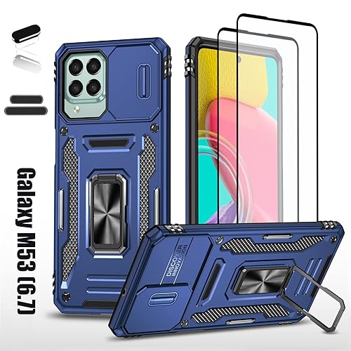 LMDAMZ Heavy Duty Case for Samsung Galaxy M53, Military Grade Dual Layer Hybrid Cushioning Rubber Bumper Protector with Slide Camera Protector, Built-in 360 Degree Swivel Stand -Blue