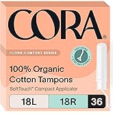 Cora Organic Cotton Tampons Multipack (18 Light, 18 Regular Tampons)