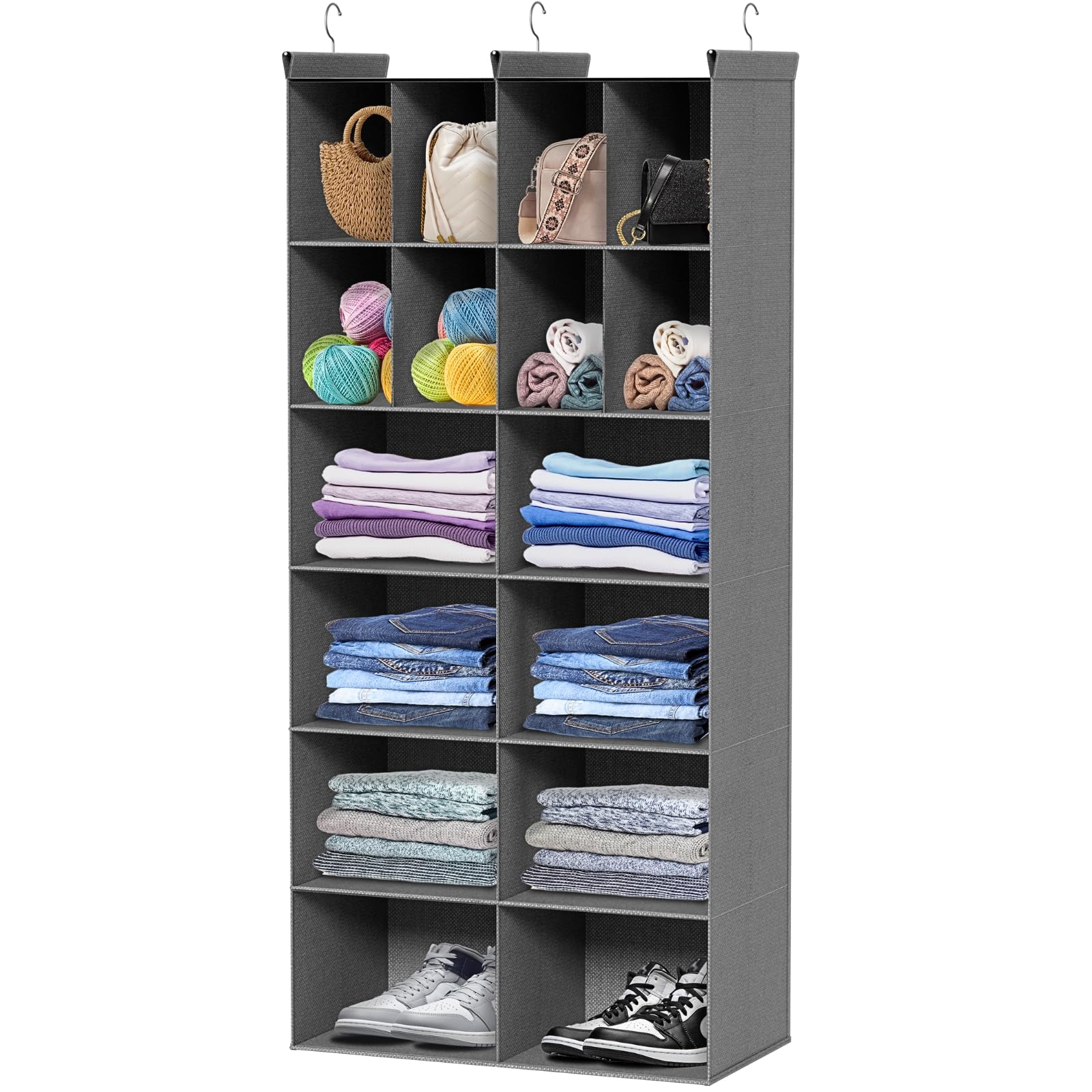 Photo 1 of 6 Tier Hanging Closet Organizer, 16 Compartments Sweater Organizer for Closet with 3 Sturdy Hooks, Closet Organizers and Storage, Wardrobe, Rv, Garment Rack, Grey