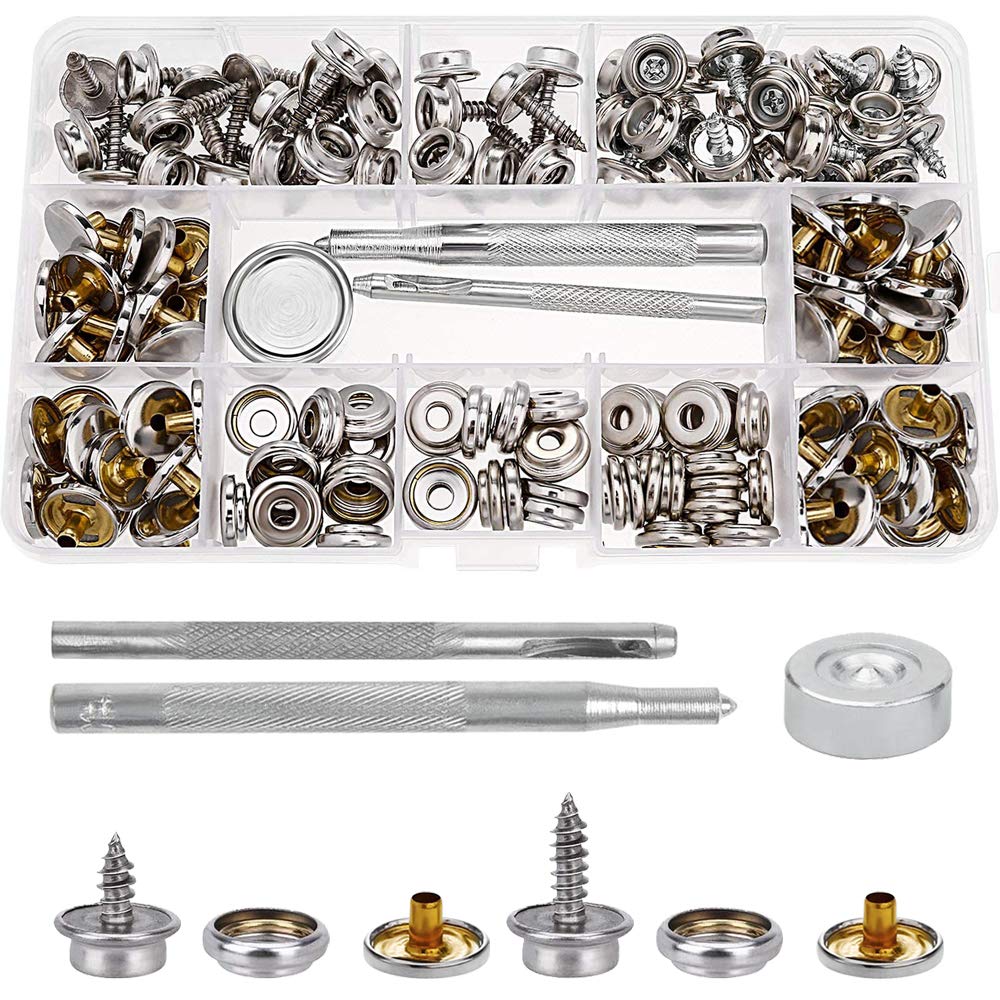 Mesee 50 Sets Canvas Snap Fasteners Kit, Stainless Steel Screw Snaps Button Replacement Press Stud Kit with Setting Tool for Boat Covers Tents Tarpaulins Furniture (2 Sizes, 10mm Screw & 15mm Screw)